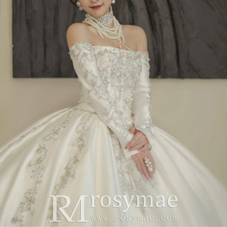 Off Shoulder Long Sleeve Embroidery Satin Wedding Dress - Rosymae