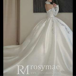 Off Shoulder Long Sleeve Embroidery Satin Wedding Dress - Rosymae