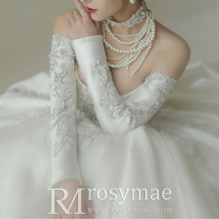Off Shoulder Long Sleeve Embroidery Satin Wedding Dress - Rosymae
