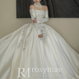 Off Shoulder Long Sleeve Embroidery Satin Wedding Dress - Rosymae