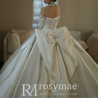 Off Shoulder Long Sleeve Embroidery Satin Wedding Dress - Rosymae