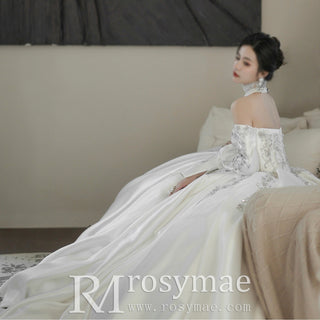 Off Shoulder Long Sleeve Embroidery Satin Wedding Dress - Rosymae
