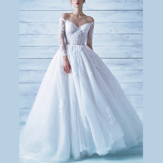 Tulle Lace Wedding Dresses with Off the Shoulder Long Sleeve