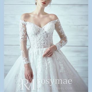 Tulle Lace Wedding Dresses with Off the Shoulder Long Sleeve
