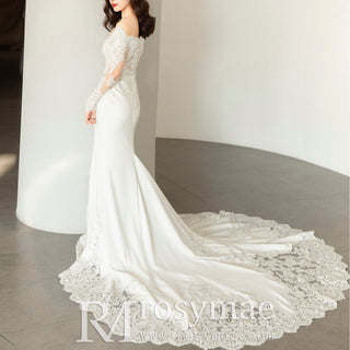 Sheer Lace Mermaid Wedding Dress with Asymmetrical Neckline