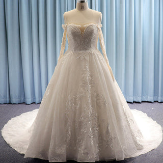 Off Shoulder Long Sleeve Plus Size Ball Gown Bridal Wedding Dress