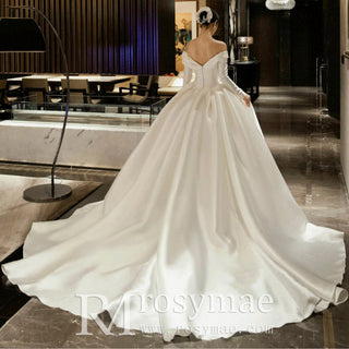 Satin Off-Shoulder Long Sleeve Wedding Dresses Bridal Gowns