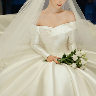Satin Off-Shoulder Long Sleeve Wedding Dresses Bridal Gowns