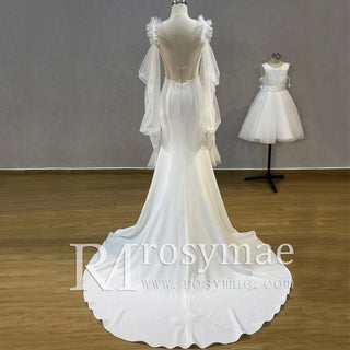 Off-Shoulder Long Sleeve Satin Boho Wedding Dress - Rosymae