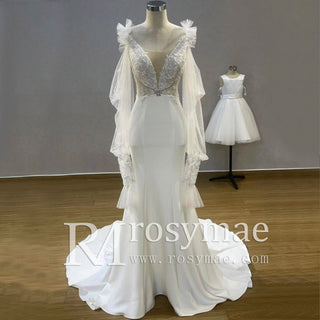 Off-Shoulder Long Sleeve Satin Boho Wedding Dress - Rosymae