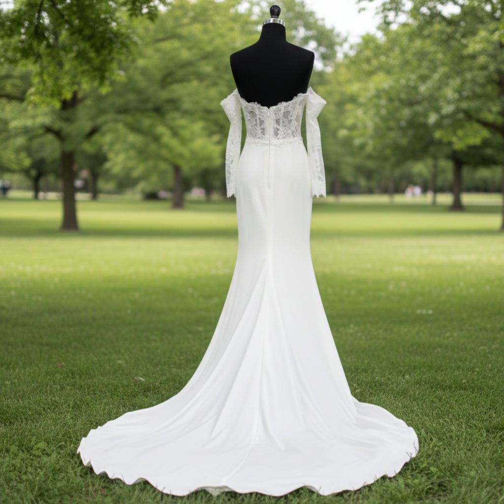Off Shoulder Long Sleeve Satin Bridal Gowns Wedding Dresses - Rosymae