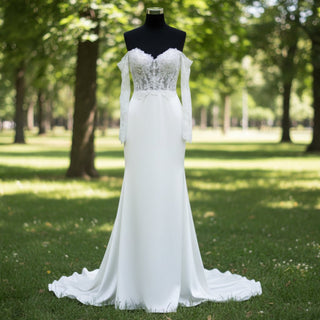 Off Shoulder Long Sleeve Satin Bridal Gowns Wedding Dresses - Rosymae