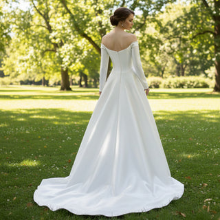 Off the Shoulder Long Sleeve Wedding Dress with Boat-neck Rosymae Off the Shoulder Long Sleeve Wedding Dress with Boat-neck Rosymae