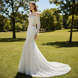 Off Shoulder Long Sleeve Sequin Wedding Dress with Mermaid Skirt - Rosymae