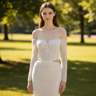 Off Shoulder Long Sleeve Sequin Wedding Dress with Mermaid Skirt - Rosymae