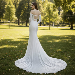 Off Shoulder Long Sleeve Sequin Wedding Dress with Mermaid Skirt - Rosymae