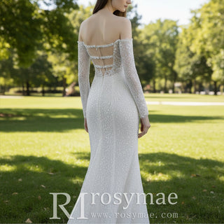 Off Shoulder Long Sleeve Sequin Wedding Dress with Mermaid Skirt - Rosymae