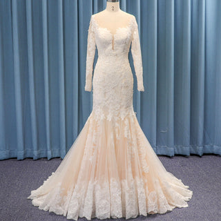 Off Shoulder Sheer Long Sleeve Trumpet Lace Bridal Wedding Dress