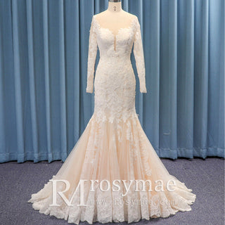 Off Shoulder Sheer Long Sleeve Trumpet Lace Bridal Wedding Dress