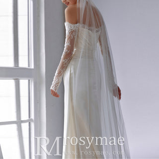 Sheath Satin Wedding Dress with Off-The-Shoulder Long-Sleeve
