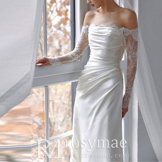 Sheath Satin Wedding Dress with Off-The-Shoulder Long-Sleeve