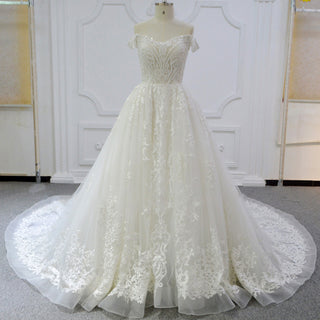 Off Shoulder Tulle Lace Ball Gown Bridal Wedding Dresses Long Train