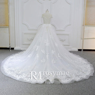 Off Shoulder Tulle Lace Ball Gown Bridal Wedding Dresses Long Train