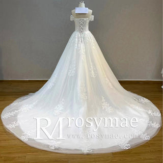 Off Shoulder Lace Tulle A-line Bridal Gown Wedding Dress Long Train