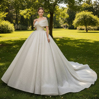 Off Shoulder Puff Skirt Ball Gown Sparkly Bridal Wedding Dress - Rosymae