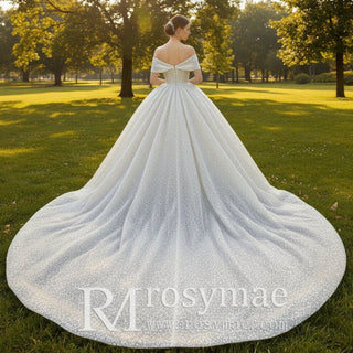 Off Shoulder Puff Skirt Ball Gown Sparkly Bridal Wedding Dress - Rosymae