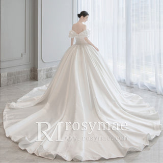 Off the Shoulder Ball Gown Satin Wedding Dress for Outdoor Wedding