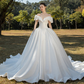 Off the Shoulder Ball Gown Satin Wedding Dress for Outdoor Wedding