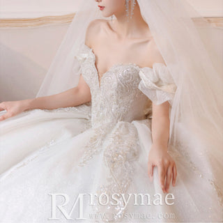 Luxury Glitter Long Train Wedding Dresses with Off the Shoulder