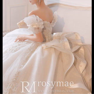 Luxury Glitter Long Train Wedding Dresses with Off the Shoulder