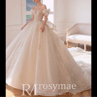 Luxury Glitter Long Train Wedding Dresses with Off the Shoulder