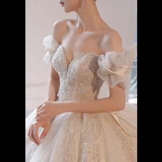 Luxury Glitter Long Train Wedding Dresses with Off the Shoulder