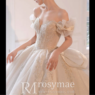 Luxury Glitter Long Train Wedding Dresses with Off the Shoulder