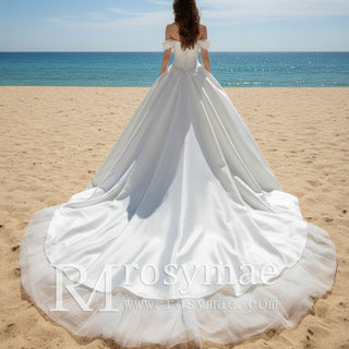 Off Shoulder Ruched Satin Ballgown Bridal Wedding Dresses - Rosymae