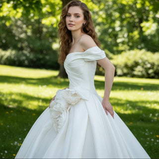 Off Shoulder Ruched Satin Ballgown Bridal Wedding Dresses - Rosymae