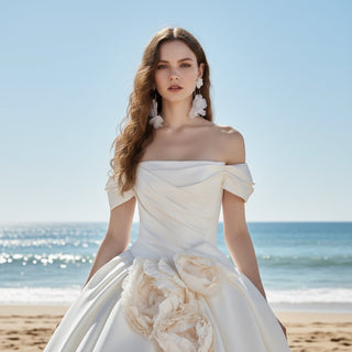 Off Shoulder Ruched Satin Ballgown Bridal Wedding Dresses - Rosymae