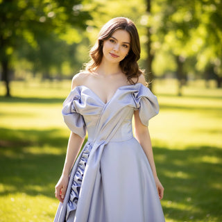 Off Shoulder Ruched Satin Evening Party Gown Wedding Guest Dress - Rosymae