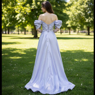 Off Shoulder Ruched Satin Evening Party Gown Wedding Guest Dress Lavender / 4 Off Shoulder Ruched Satin Evening Party Gown Wedding Guest Dress Lavender / 4