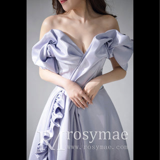 Off Shoulder Ruched Satin Evening Party Gown Wedding Guest Dress