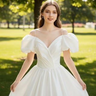 Off Shoulder Ruched Wedding Dress with Ball Gown A-line Skirt - Rosymae
