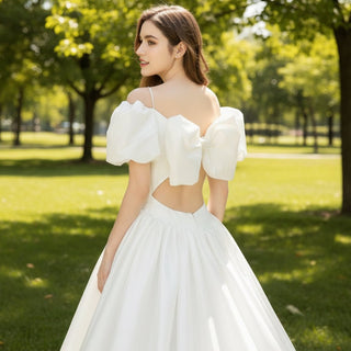 Off Shoulder Ruched Wedding Dress with Ball Gown A-line Skirt - Rosymae