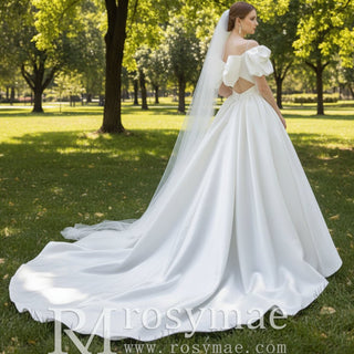 Off Shoulder Ruched Wedding Dress with Ball Gown A-line Skirt - Rosymae