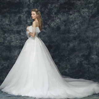 Off Shoulder Ruffle Tulle Applique Lace Wedding Dress