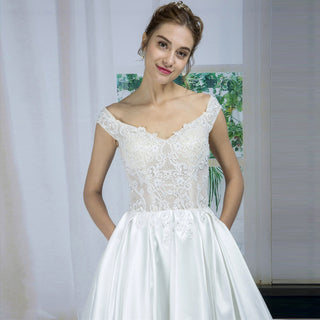 Off Shoulder Floral Lace Satin A-line Wedding Dress with Pocket