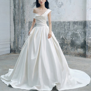 A-line Ruched Satin Wedding Dress with Capped Off the Shoulder Sleeve