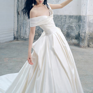 A-line Ruched Satin Wedding Dress with Capped Off the Shoulder Sleeve